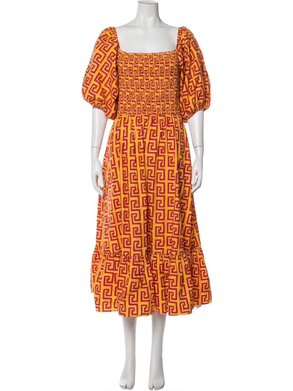 RHODE Orange and Red Geometric Smocked Midi Dress size small